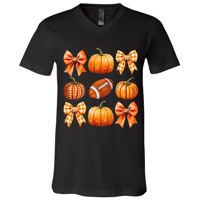 Coquette Bow Pumpkin Season Football Fall Autumn Halloween V-Neck T-Shirt