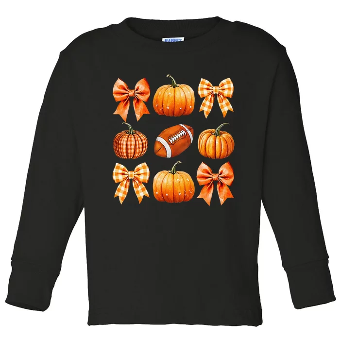 Coquette Bow Pumpkin Season Football Fall Autumn Halloween Toddler Long Sleeve Shirt