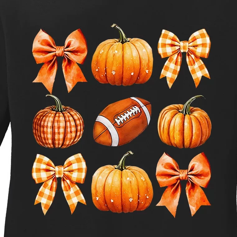 Coquette Bow Pumpkin Season Football Fall Autumn Halloween Ladies Long Sleeve Shirt