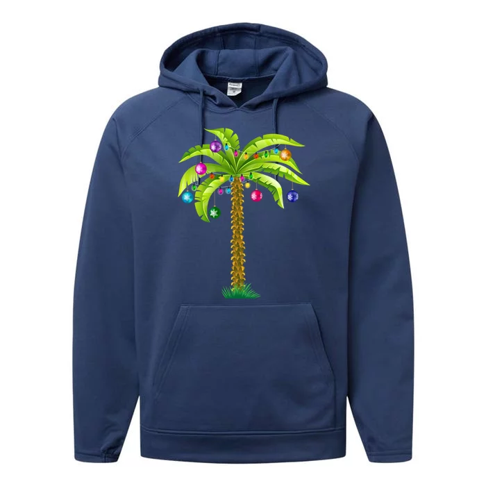 Christmas Beach Palm Tree With Xmas Lights Tropical Gift Performance Fleece Hoodie