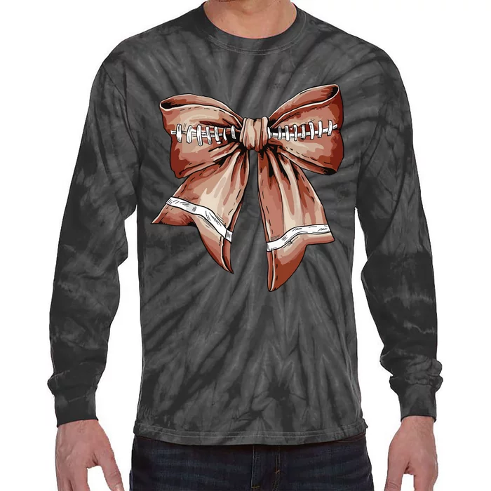 Coquette Bow Pumpkin American Football Thanksgiving Autumn Tie-Dye Long Sleeve Shirt