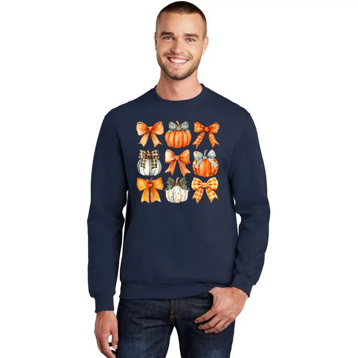 Coquette Bow Pumpkin Season Thanksgiving Autumn Fall Leaves Tall Sweatshirt