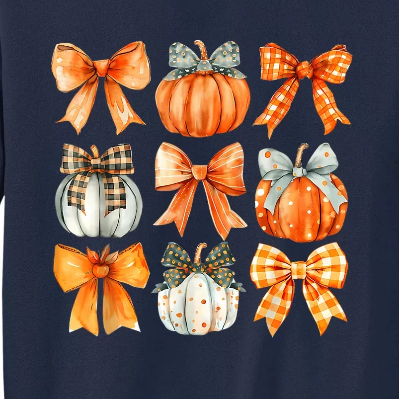 Coquette Bow Pumpkin Season Thanksgiving Autumn Fall Leaves Tall Sweatshirt