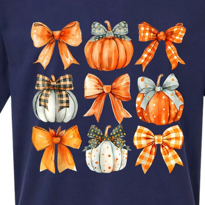 Coquette Bow Pumpkin Season Thanksgiving Autumn Fall Leaves Sueded Cloud Jersey T-Shirt