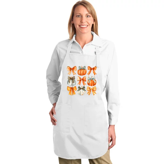 Coquette Bow Pumpkin Season Thanksgiving Autumn Fall Leaves Full-Length Apron With Pocket