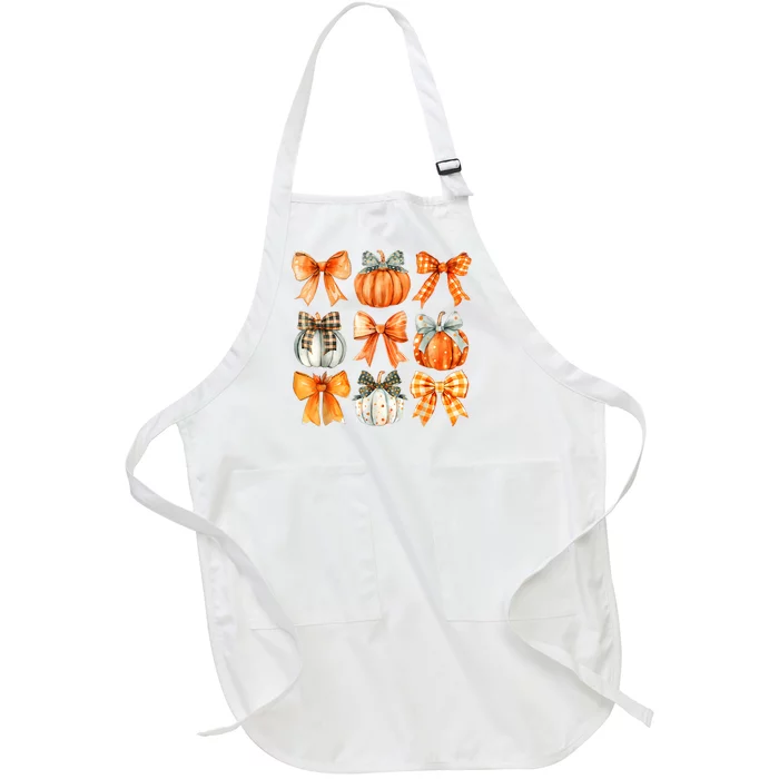 Coquette Bow Pumpkin Season Thanksgiving Autumn Fall Leaves Full-Length Apron With Pocket