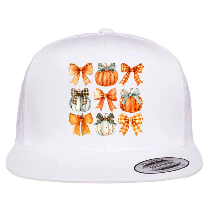 Coquette Bow Pumpkin Season Thanksgiving Autumn Fall Leaves Flat Bill Trucker Hat