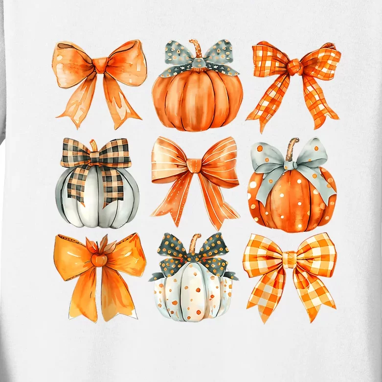 Coquette Bow Pumpkin Season Thanksgiving Autumn Fall Leaves Kids Long Sleeve Shirt