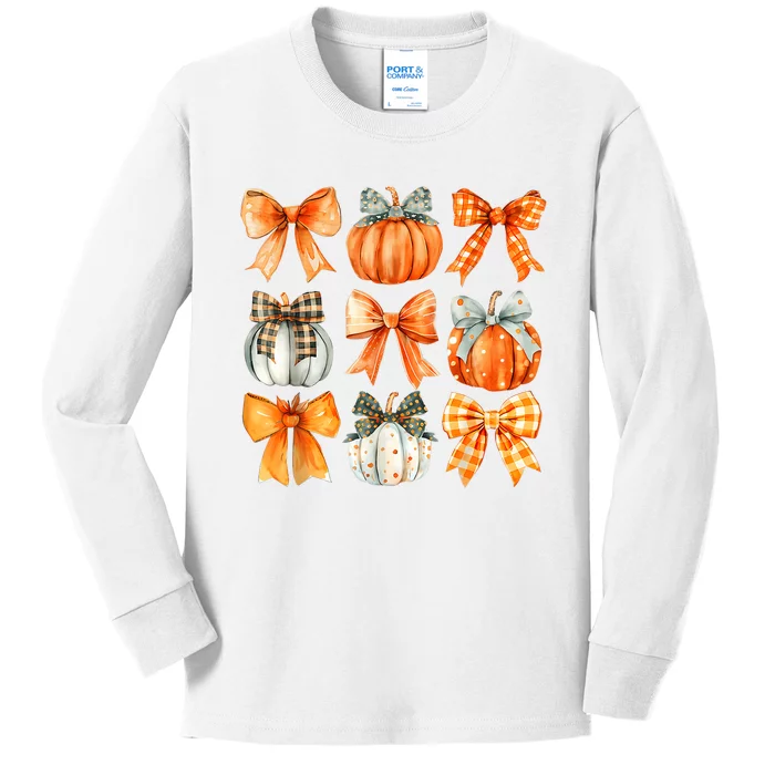 Coquette Bow Pumpkin Season Thanksgiving Autumn Fall Leaves Kids Long Sleeve Shirt