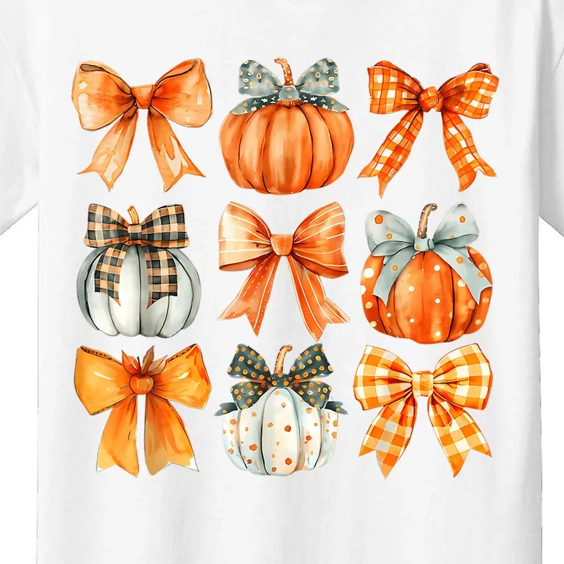 Coquette Bow Pumpkin Season Thanksgiving Autumn Fall Leaves Kids T-Shirt