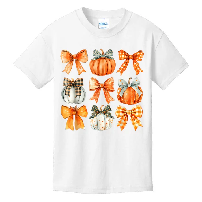 Coquette Bow Pumpkin Season Thanksgiving Autumn Fall Leaves Kids T-Shirt