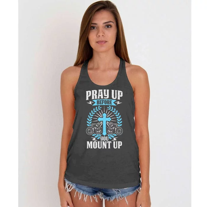 Christian Biker Pray Up Before You Mount Up Faith Women's Knotted Racerback Tank