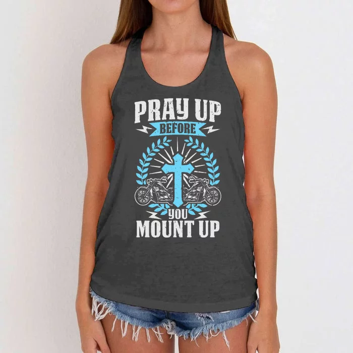 Christian Biker Pray Up Before You Mount Up Faith Women's Knotted Racerback Tank