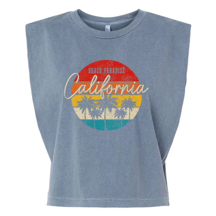 California Beach Paradise Vintage Palm Trees Surfer Retro Garment-Dyed Women's Muscle Tee