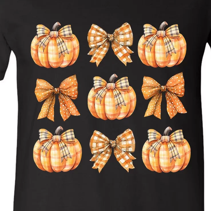 Coquette Bow Pumpkin Season Thanksgiving Autumn Fall Leaves V-Neck T-Shirt