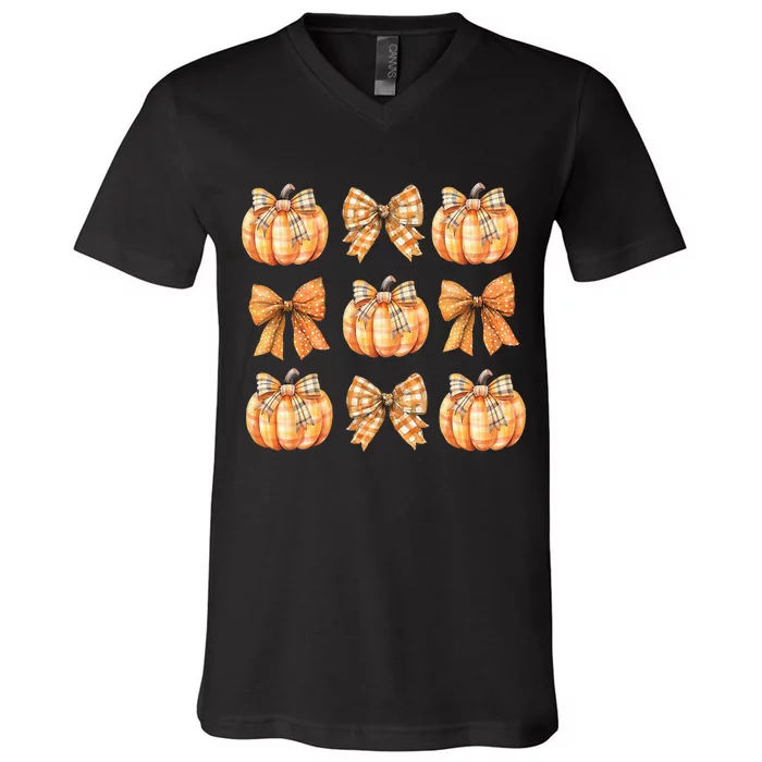 Coquette Bow Pumpkin Season Thanksgiving Autumn Fall Leaves V-Neck T-Shirt