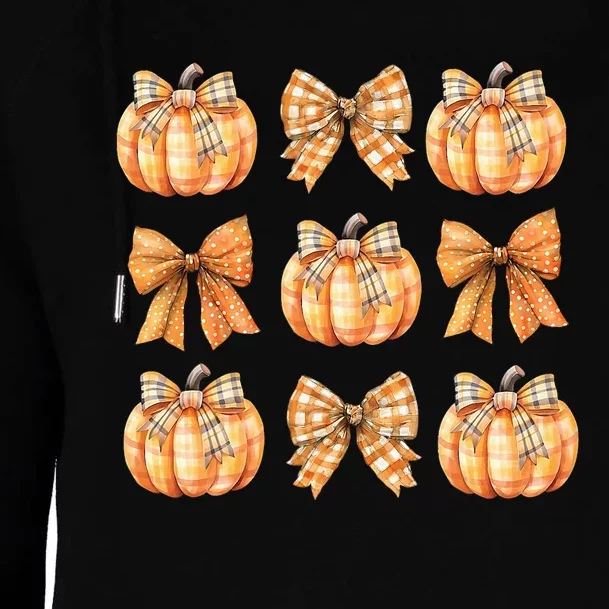 Coquette Bow Pumpkin Season Thanksgiving Autumn Fall Leaves Womens Funnel Neck Pullover Hood