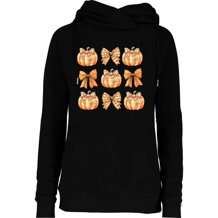 Coquette Bow Pumpkin Season Thanksgiving Autumn Fall Leaves Womens Funnel Neck Pullover Hood