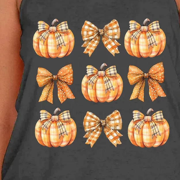 Coquette Bow Pumpkin Season Thanksgiving Autumn Fall Leaves Women's Knotted Racerback Tank