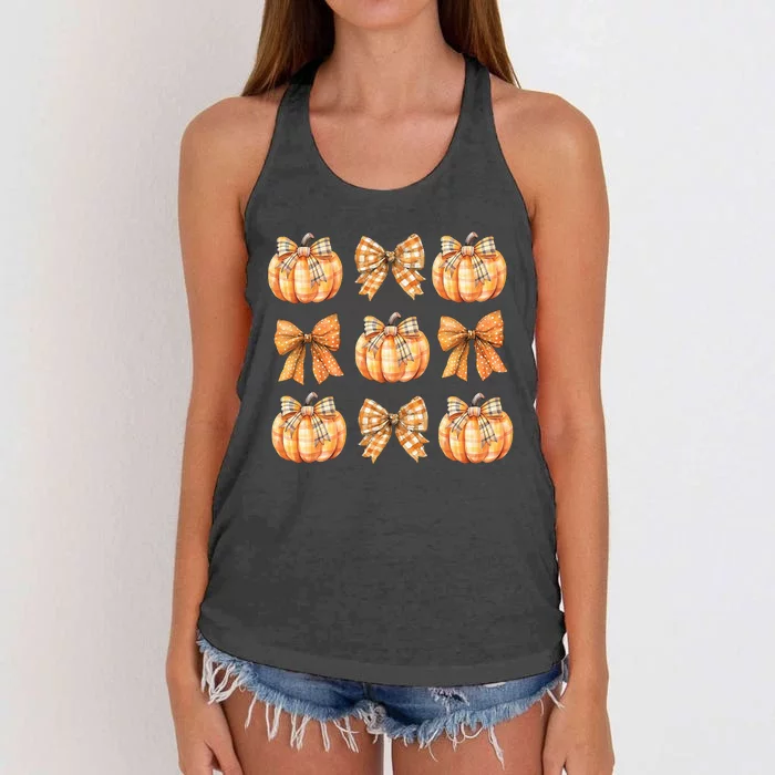 Coquette Bow Pumpkin Season Thanksgiving Autumn Fall Leaves Women's Knotted Racerback Tank