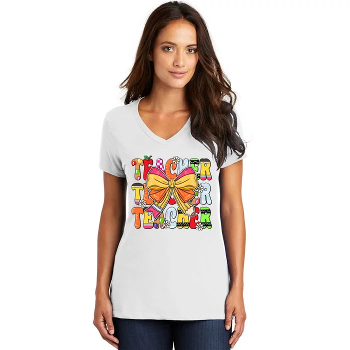 Coquette Bow Pencil Teacher Life Women's V-Neck T-Shirt