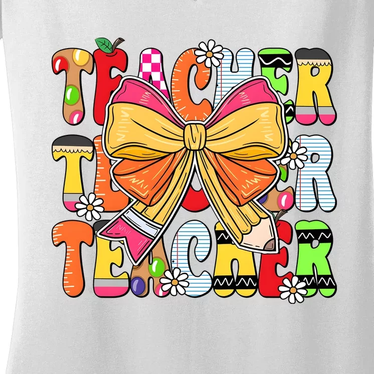 Coquette Bow Pencil Teacher Life Women's V-Neck T-Shirt