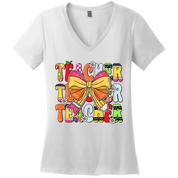 Coquette Bow Pencil Teacher Life Women's V-Neck T-Shirt