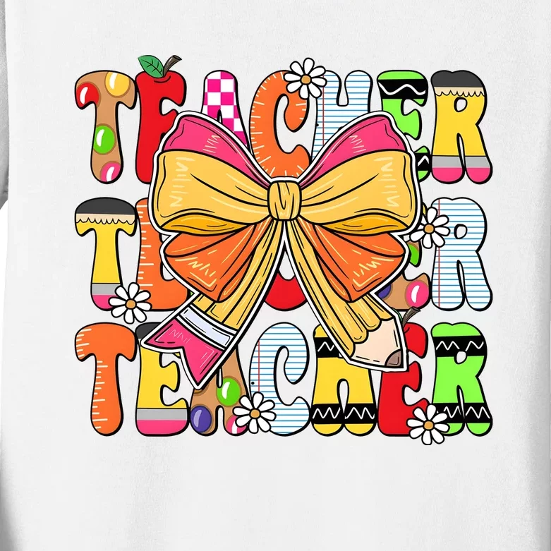 Coquette Bow Pencil Teacher Life Kids Long Sleeve Shirt