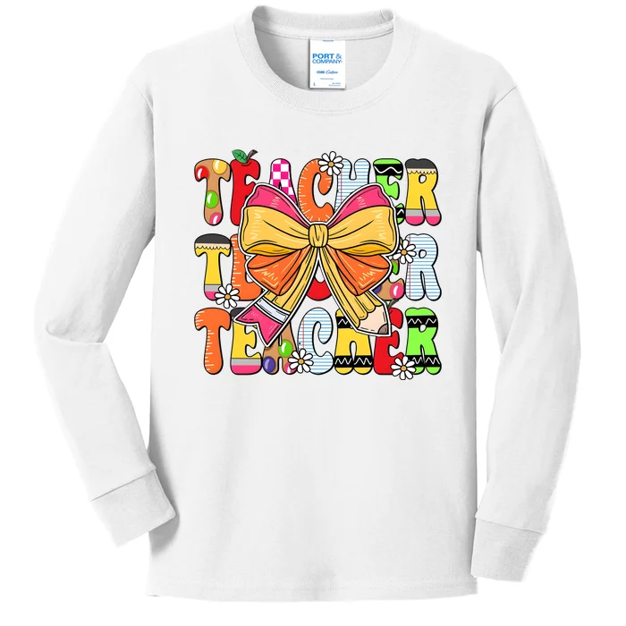 Coquette Bow Pencil Teacher Life Kids Long Sleeve Shirt