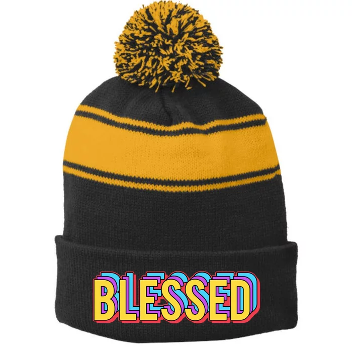 Colorful Blessed Quote Gift Stripe Pom Pom Beanie