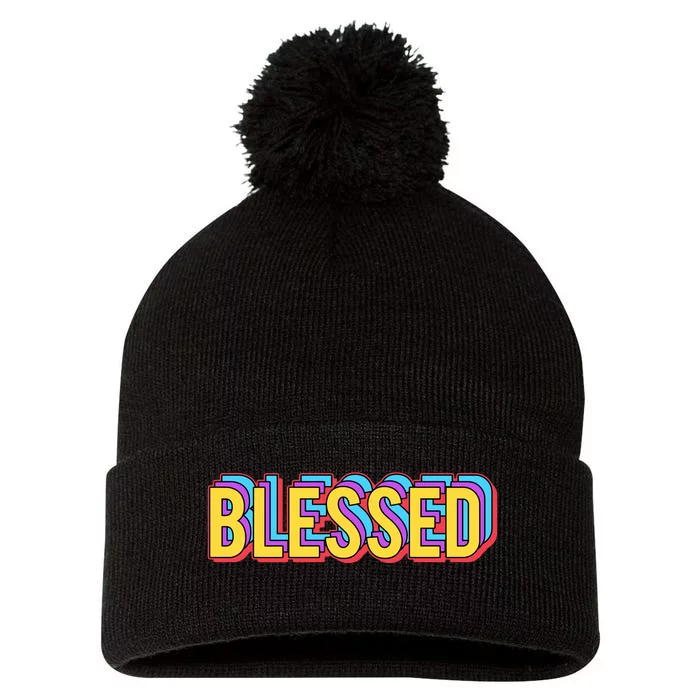 Colorful Blessed Quote Gift Pom Pom 12in Knit Beanie