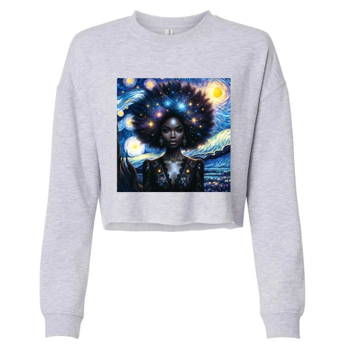 Colorfull Black Queen Afro American Starry Night Junenth Great Gift Cropped Pullover Crew