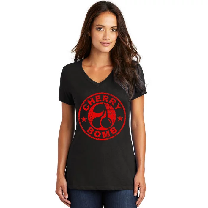 Cherry Bomb Retro Cherries Design Distressed Women's V-Neck T-Shirt