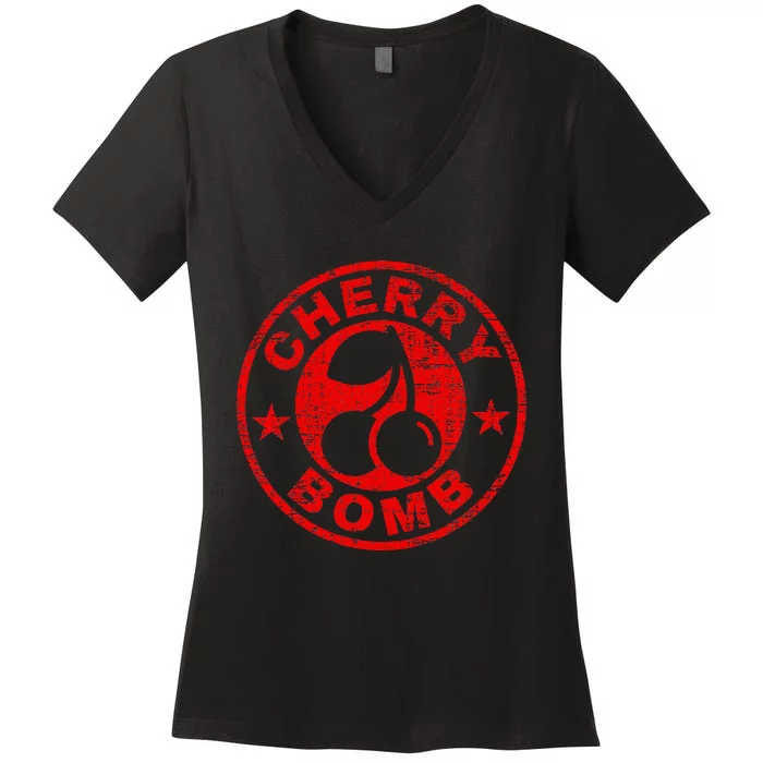 Cherry Bomb Retro Cherries Design Distressed Women's V-Neck T-Shirt