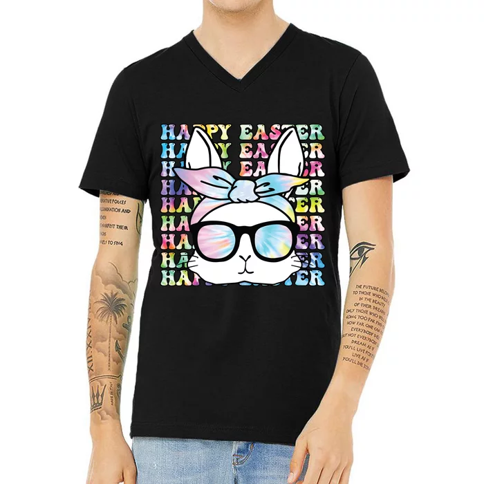 Cute Bunny Rabbit Face Tie Dye Glasses Girl Happy Easter Day V-Neck T-Shirt