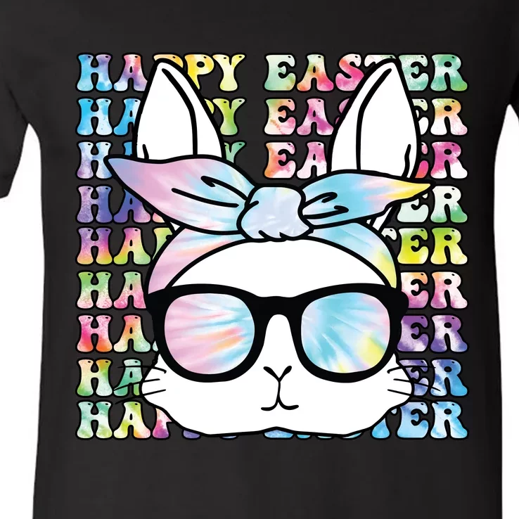 Cute Bunny Rabbit Face Tie Dye Glasses Girl Happy Easter Day V-Neck T-Shirt