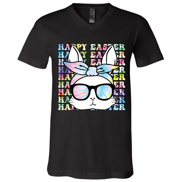 Cute Bunny Rabbit Face Tie Dye Glasses Girl Happy Easter Day V-Neck T-Shirt