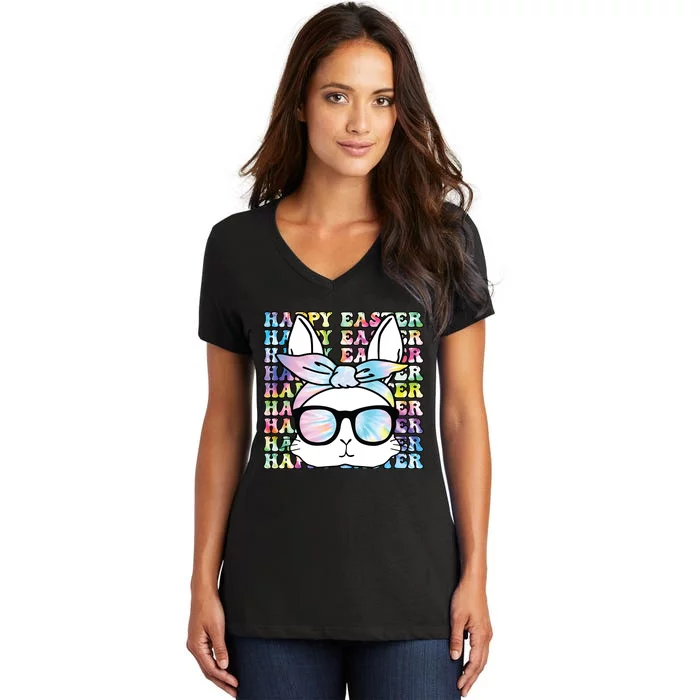 Cute Bunny Rabbit Face Tie Dye Glasses Girl Happy Easter Day Women's V-Neck T-Shirt