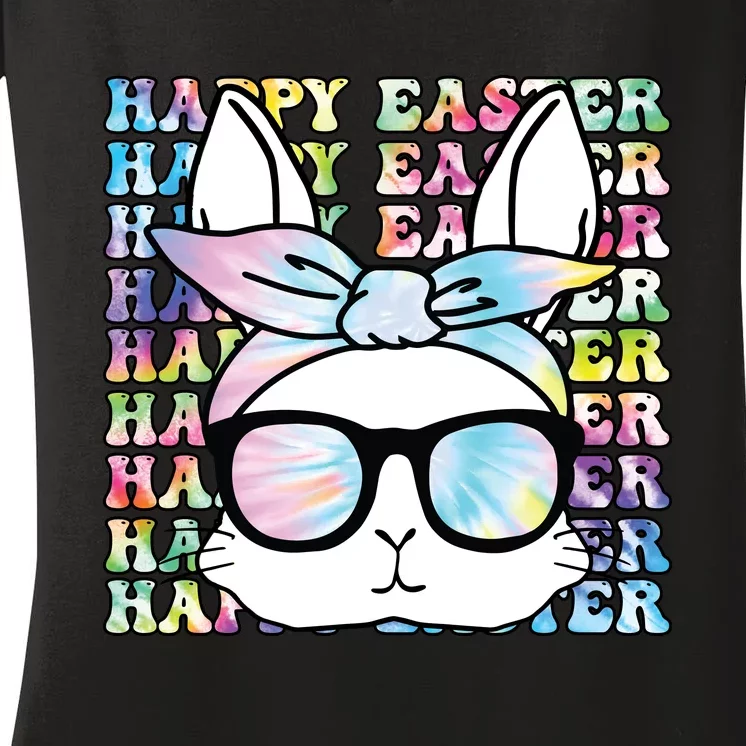 Cute Bunny Rabbit Face Tie Dye Glasses Girl Happy Easter Day Women's V-Neck T-Shirt