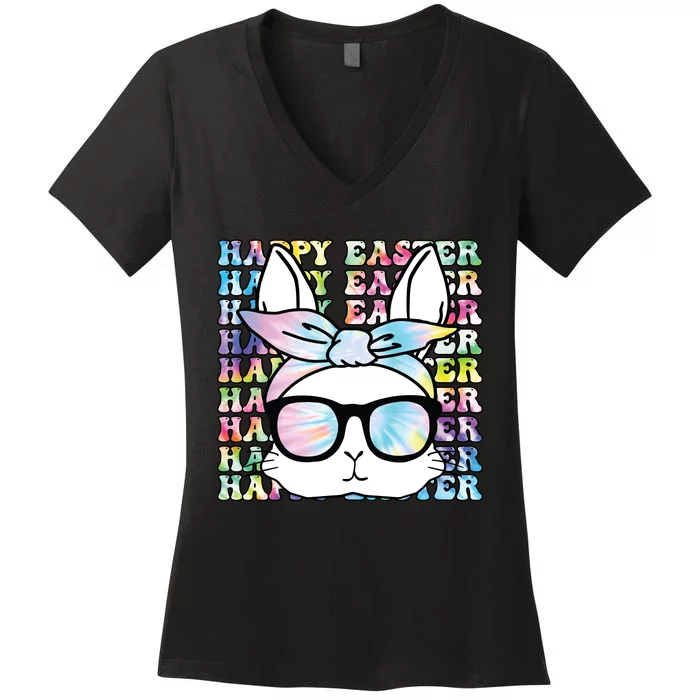 Cute Bunny Rabbit Face Tie Dye Glasses Girl Happy Easter Day Women's V-Neck T-Shirt