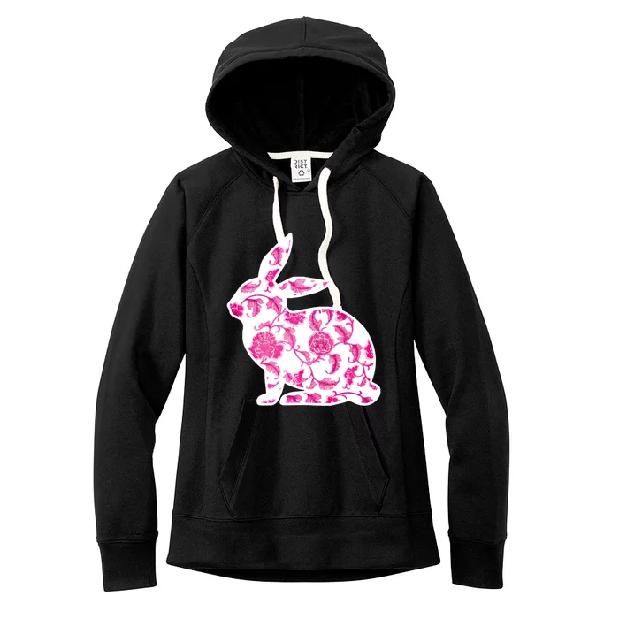 Chinoiserie Bunny Rabbit Vintage Pink And White Floral Print Cute Gift Women's Fleece Hoodie