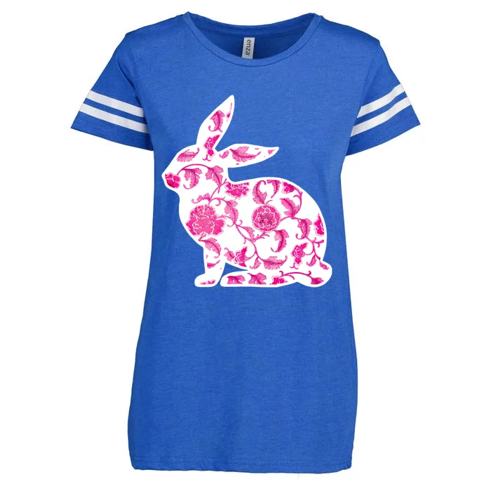 Chinoiserie Bunny Rabbit Vintage Pink And White Floral Print Cute Gift Enza Ladies Jersey Football T-Shirt