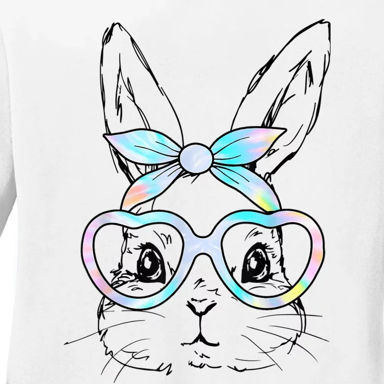 Cute Bunny Rabbit Face Tie Dye Glasses Girl Happy Easter Day Ladies Long Sleeve Shirt