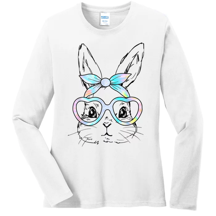 Cute Bunny Rabbit Face Tie Dye Glasses Girl Happy Easter Day Ladies Long Sleeve Shirt