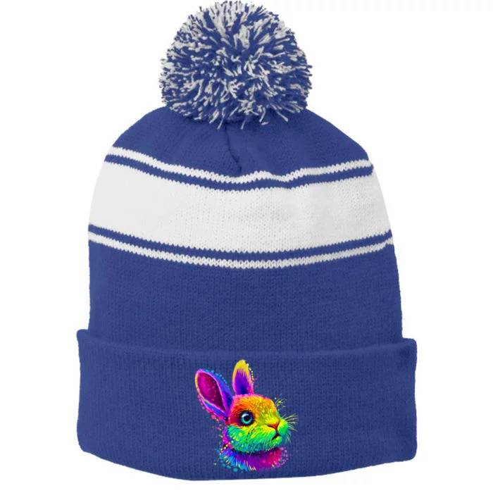 Cute Bunny Rabbit Face Colorful Easter Day Gift Stripe Pom Pom Beanie