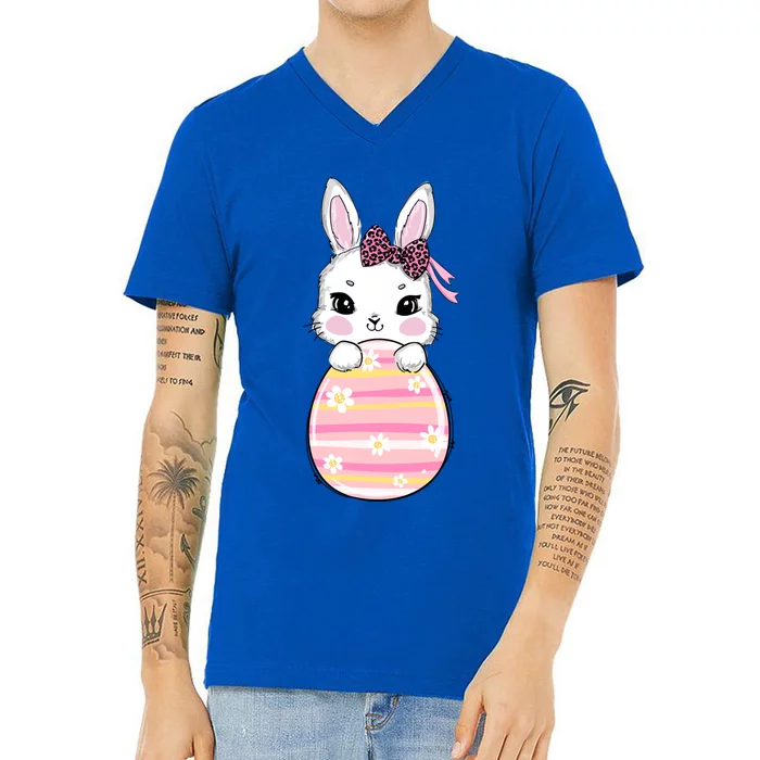 Cute Bunny Rabbit Face Leopard Bow Egg Easter Day Gift V-Neck T-Shirt