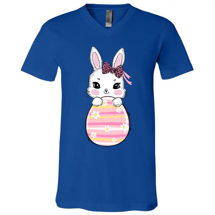 Cute Bunny Rabbit Face Leopard Bow Egg Easter Day Gift V-Neck T-Shirt