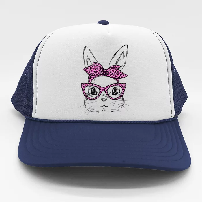 Cute Bunny Rabbit Face Leopard Glasses Girl Happy Easter Day Trucker Hat