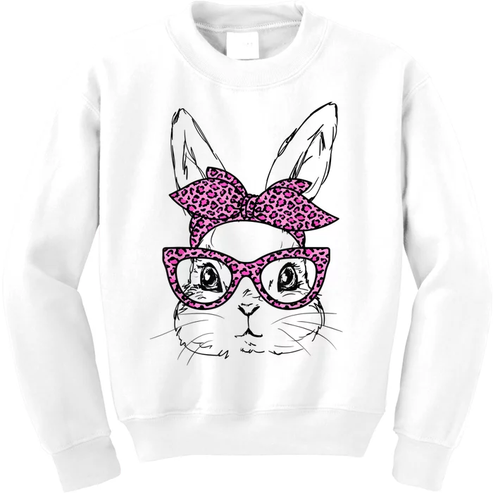 Cute Bunny Rabbit Face Leopard Glasses Girl Happy Easter Day Kids Sweatshirt