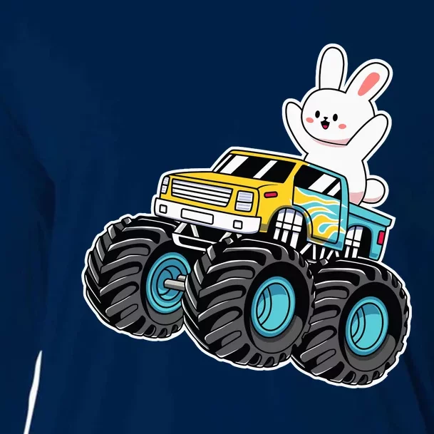 Cute Bunny Riding Monster Truck Easter Day Girl Boy Cooling Performance Long Sleeve Crew